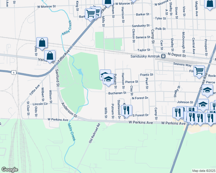 map of restaurants, bars, coffee shops, grocery stores, and more near 1918 Mills Street in Sandusky