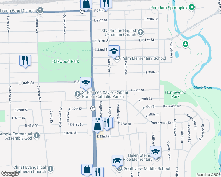 map of restaurants, bars, coffee shops, grocery stores, and more near 3677 Gary Avenue in Lorain