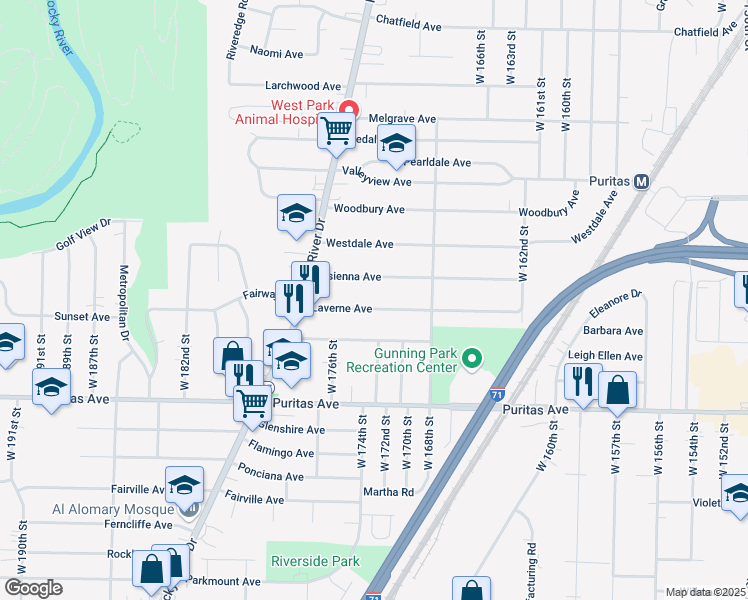 map of restaurants, bars, coffee shops, grocery stores, and more near 17202 Laverne Avenue in Cleveland