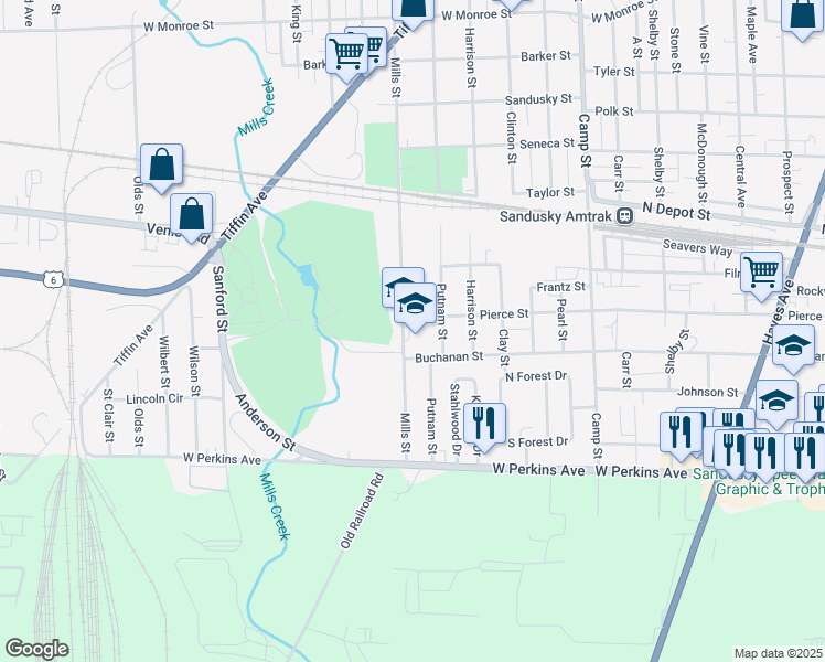 map of restaurants, bars, coffee shops, grocery stores, and more near 1918 Mills Street in Sandusky