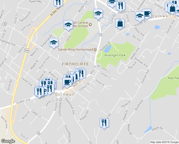 map of restaurants, bars, coffee shops, grocery stores, and more near 218 Main Street in Cornwall