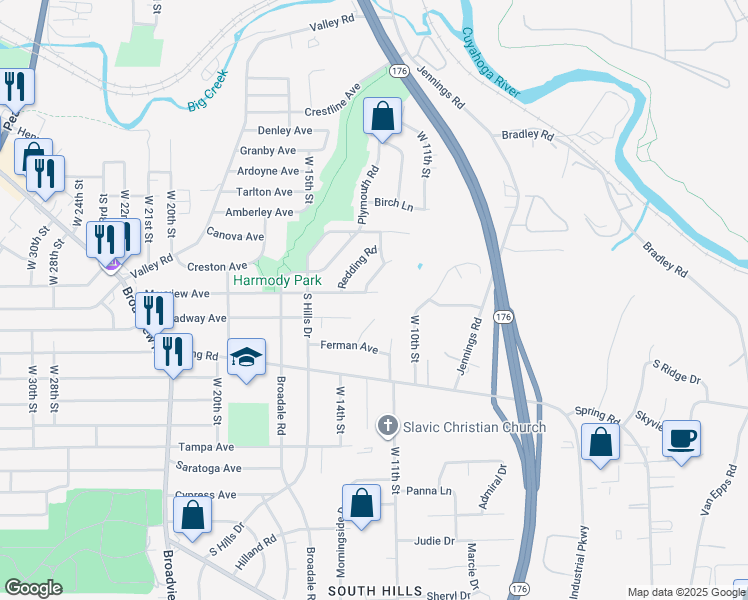 map of restaurants, bars, coffee shops, grocery stores, and more near 1291 Mayview Avenue in Cleveland