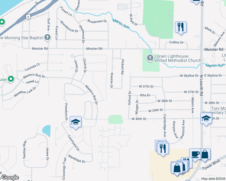 map of restaurants, bars, coffee shops, grocery stores, and more near 3575 Pickett Road in Lorain