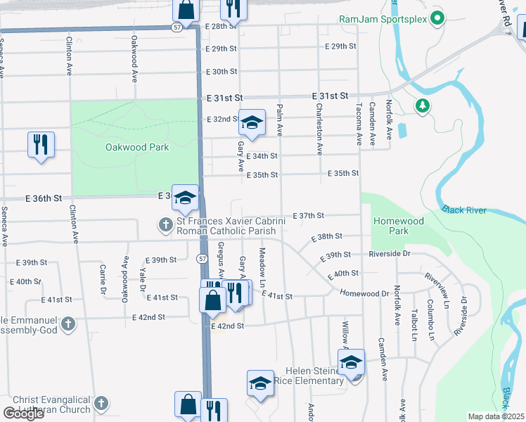 map of restaurants, bars, coffee shops, grocery stores, and more near 2355 East 37th Street in Lorain