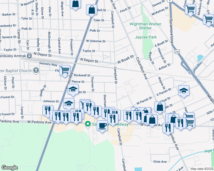 map of restaurants, bars, coffee shops, grocery stores, and more near 430 Pierce Street in Sandusky