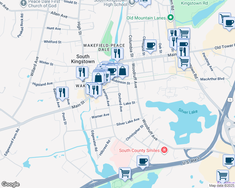 map of restaurants, bars, coffee shops, grocery stores, and more near 110 Orchard Avenue in South Kingstown