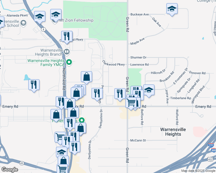 map of restaurants, bars, coffee shops, grocery stores, and more near 4490 Granada Boulevard in Warrensville Heights