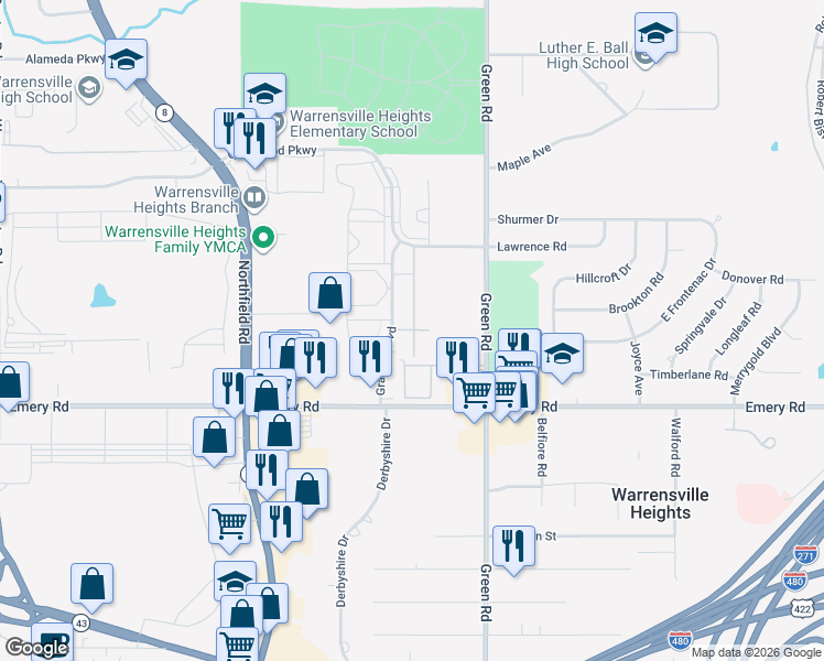 map of restaurants, bars, coffee shops, grocery stores, and more near 4480 Granada Boulevard in Warrensville Heights
