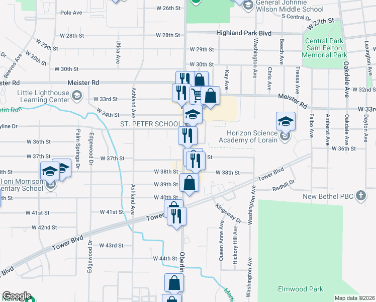 map of restaurants, bars, coffee shops, grocery stores, and more near 3671 Oberlin Avenue in Lorain