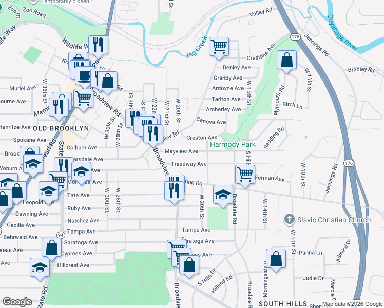 map of restaurants, bars, coffee shops, grocery stores, and more near 1933 Mayview Avenue in Cleveland
