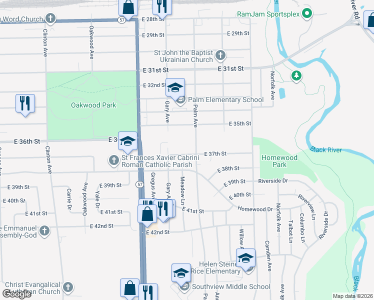 map of restaurants, bars, coffee shops, grocery stores, and more near 2355 East 37th Street in Lorain