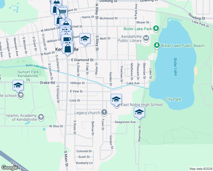map of restaurants, bars, coffee shops, grocery stores, and more near 466 Prospect Ave in Kendallville