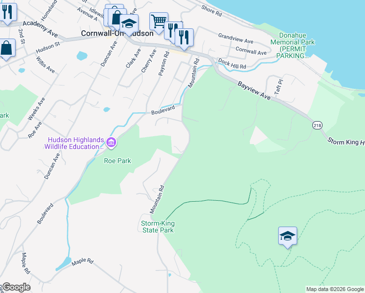 map of restaurants, bars, coffee shops, grocery stores, and more near 2 Rugh Place in Cornwall-on-Hudson