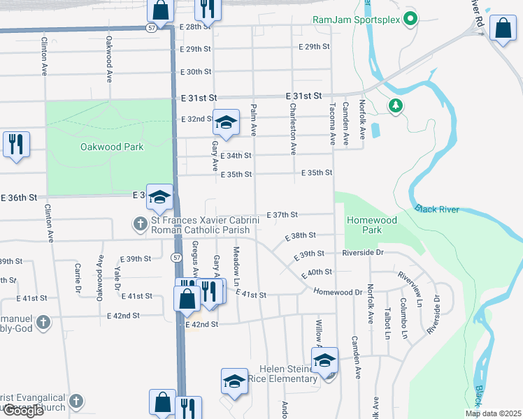 map of restaurants, bars, coffee shops, grocery stores, and more near 2417 E 37th St in Lorain
