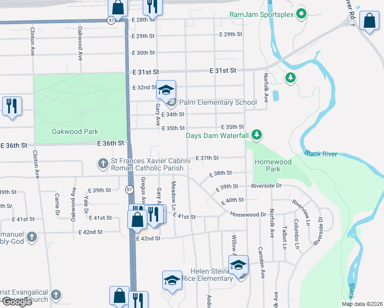 map of restaurants, bars, coffee shops, grocery stores, and more near 2417 East 37th Street in Lorain