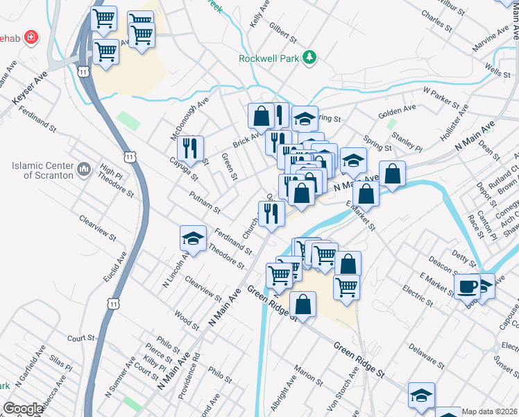 map of restaurants, bars, coffee shops, grocery stores, and more near 119 Oak Street in Scranton