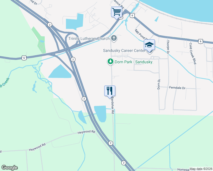map of restaurants, bars, coffee shops, grocery stores, and more near 815 Bardshar Road in Sandusky