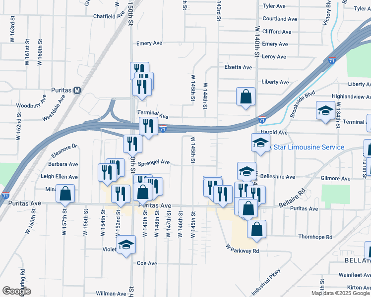 map of restaurants, bars, coffee shops, grocery stores, and more near 4307 West 146th Street in Cleveland