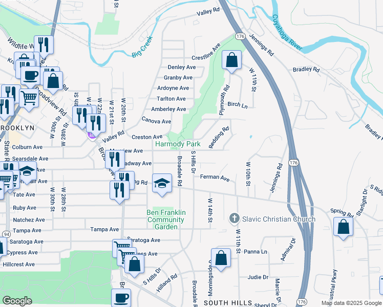 map of restaurants, bars, coffee shops, grocery stores, and more near 1601 Mayview Avenue in Cleveland
