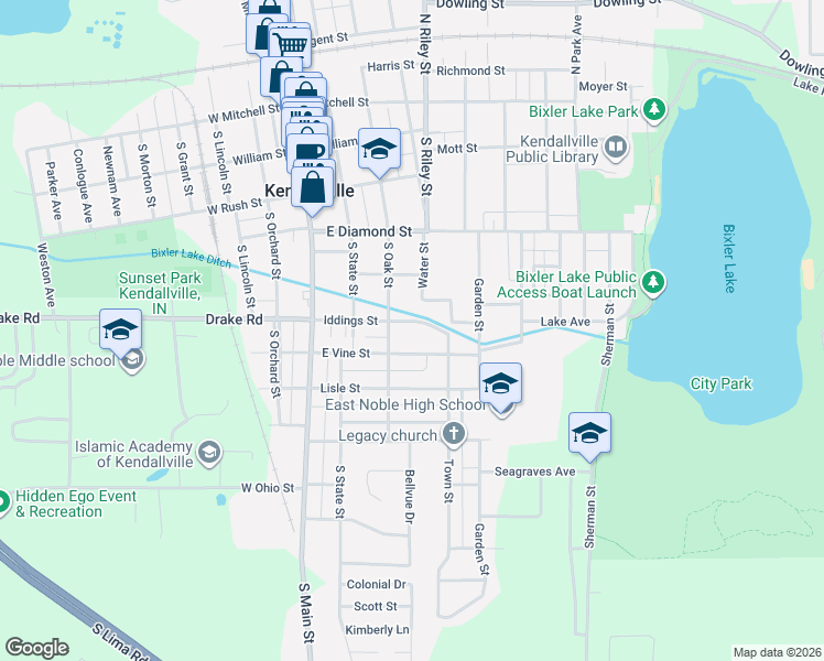 map of restaurants, bars, coffee shops, grocery stores, and more near 310 Iddings St in Kendallville