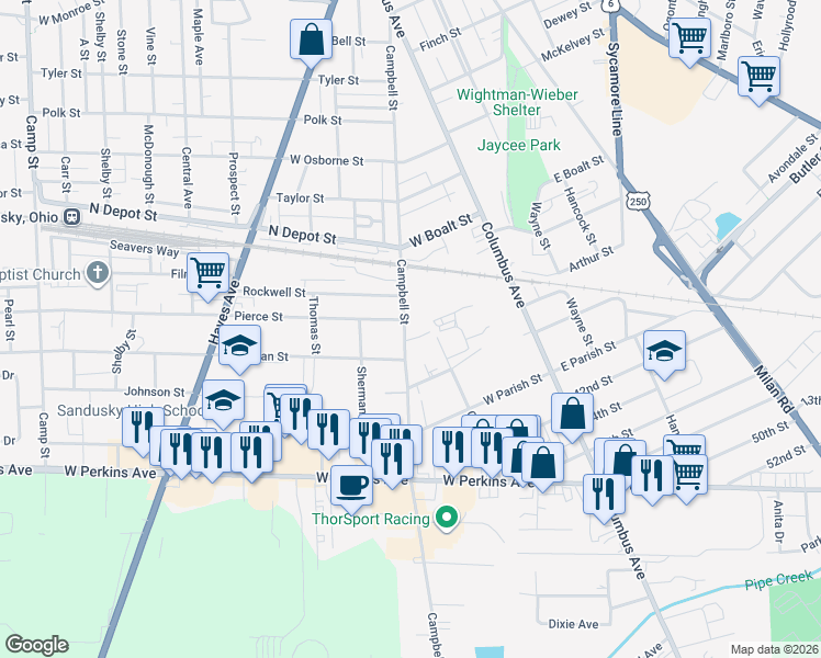 map of restaurants, bars, coffee shops, grocery stores, and more near 1926 Campbell Street in Sandusky