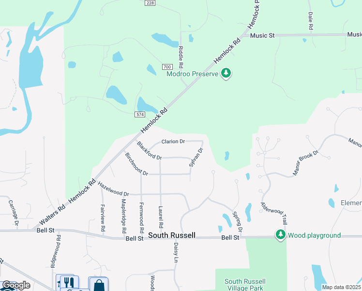 map of restaurants, bars, coffee shops, grocery stores, and more near 7745 Clarion Drive in Chagrin Falls