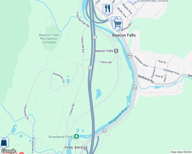 map of restaurants, bars, coffee shops, grocery stores, and more near 38 Gruber Road in Beacon Falls