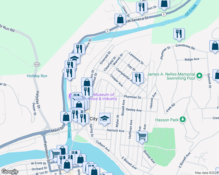 map of restaurants, bars, coffee shops, grocery stores, and more near 75 Pearl Ave in Oil City
