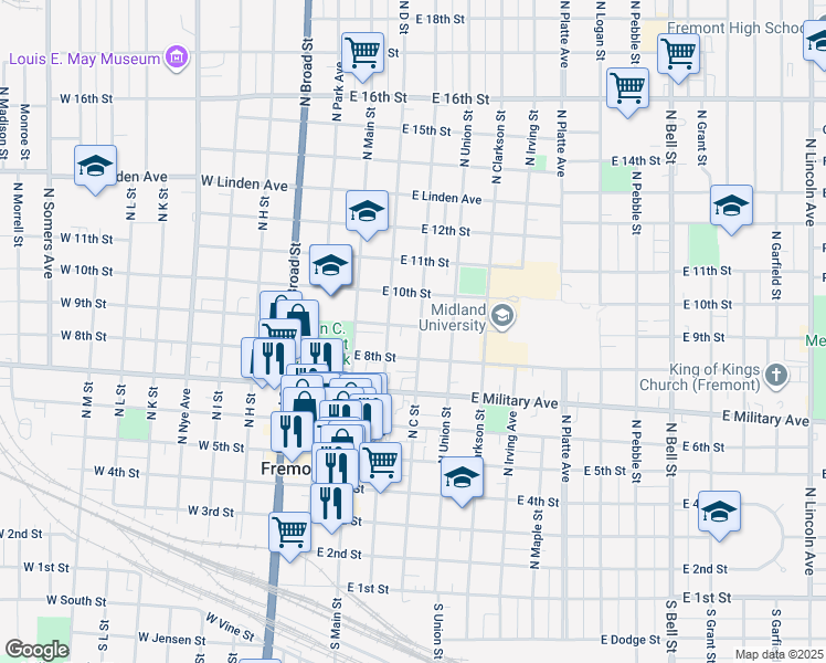 map of restaurants, bars, coffee shops, grocery stores, and more near 849 North C Street in Fremont