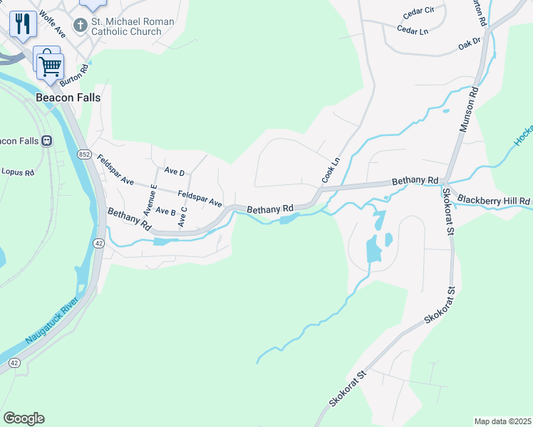 map of restaurants, bars, coffee shops, grocery stores, and more near 222 Bethany Road in Beacon Falls
