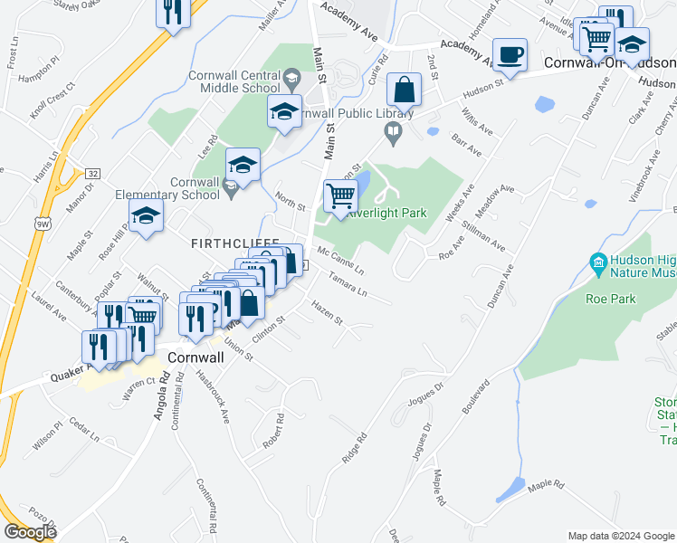 map of restaurants, bars, coffee shops, grocery stores, and more near 26 Mc Canns Lane in Cornwall