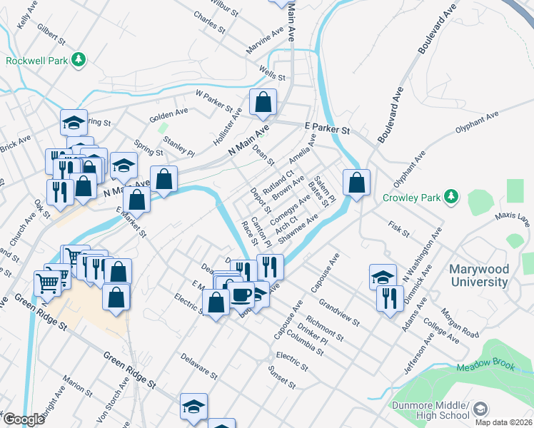 map of restaurants, bars, coffee shops, grocery stores, and more near 2130 Brown Avenue in Scranton