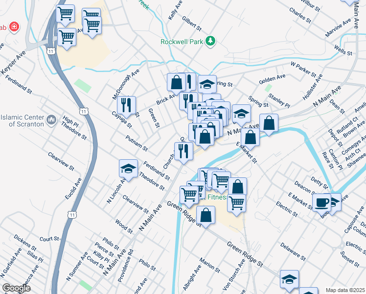 map of restaurants, bars, coffee shops, grocery stores, and more near 119 Oak Street in Scranton