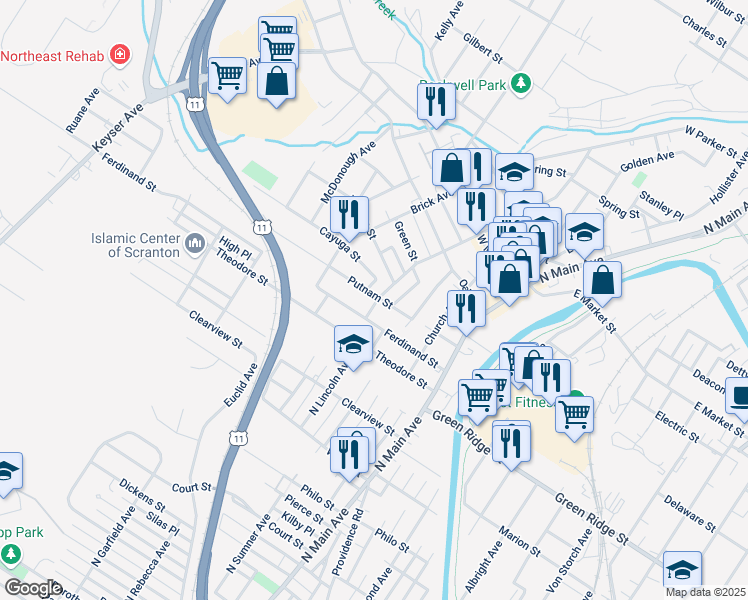 map of restaurants, bars, coffee shops, grocery stores, and more near 1708 Wayne Avenue in Scranton