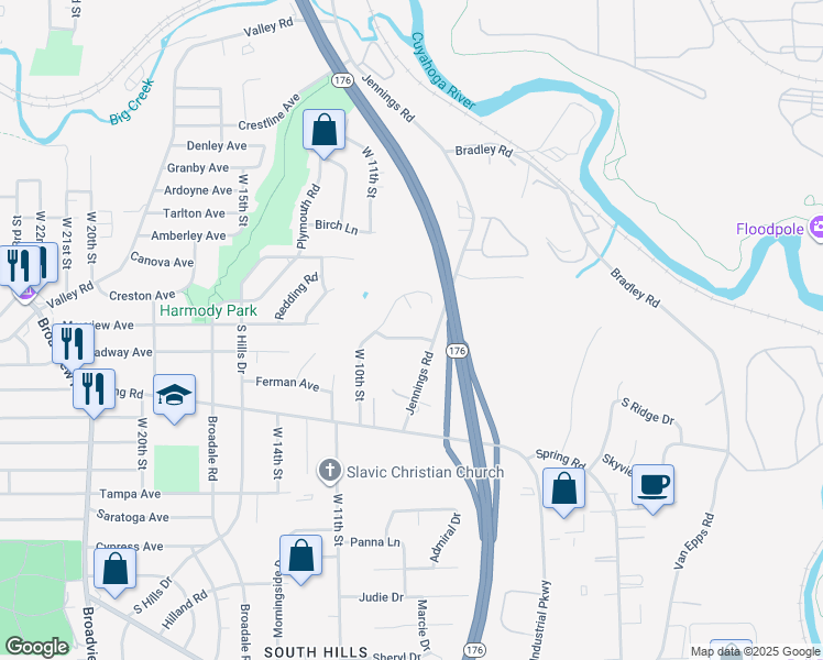 map of restaurants, bars, coffee shops, grocery stores, and more near 4286 Jennings Road in Cleveland