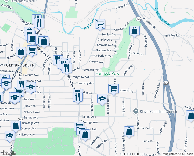 map of restaurants, bars, coffee shops, grocery stores, and more near 1823 Mayview Avenue in Cleveland