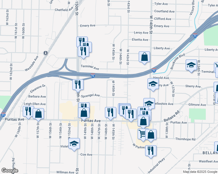 map of restaurants, bars, coffee shops, grocery stores, and more near 4307 West 146th Street in Cleveland