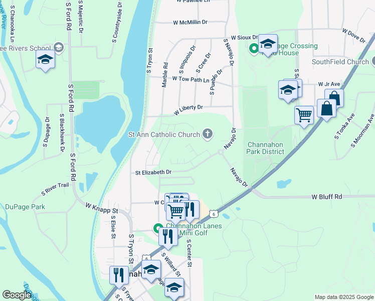 map of restaurants, bars, coffee shops, grocery stores, and more near 24559 South Saint Paul Avenue in Channahon