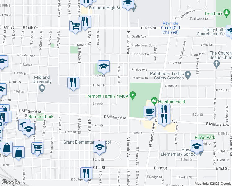 map of restaurants, bars, coffee shops, grocery stores, and more near 1336 East 9th Street in Fremont