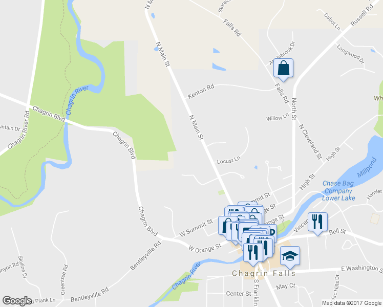 map of restaurants, bars, coffee shops, grocery stores, and more near 327 North Main Street in Chagrin Falls
