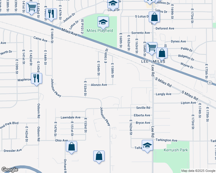 map of restaurants, bars, coffee shops, grocery stores, and more near 15606 Alonzo Ave in Cleveland
