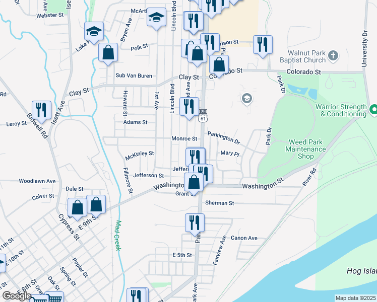 map of restaurants, bars, coffee shops, grocery stores, and more near 113 Madison Street in Muscatine