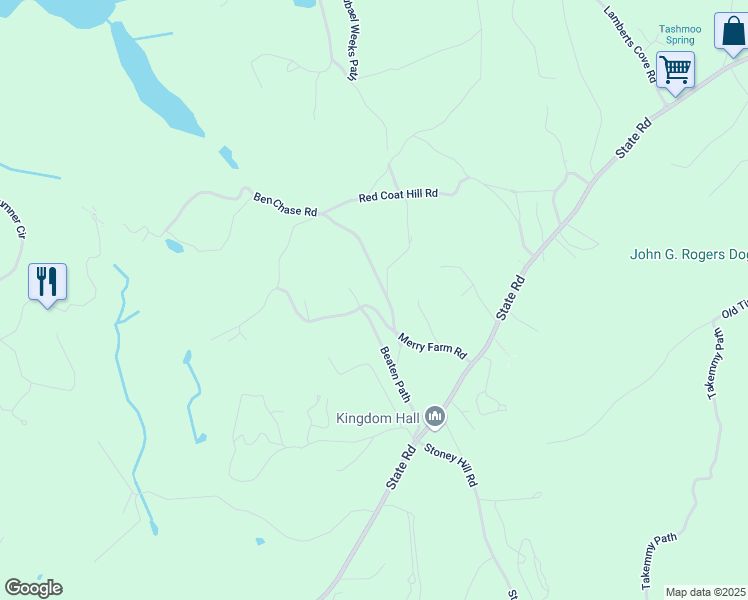 map of restaurants, bars, coffee shops, grocery stores, and more near 75 Merry Farm Road in West Tisbury