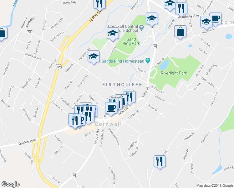 map of restaurants, bars, coffee shops, grocery stores, and more near 25 Willow Avenue in Cornwall