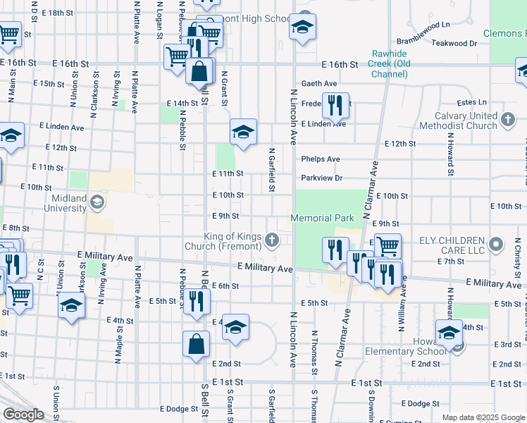 map of restaurants, bars, coffee shops, grocery stores, and more near 1330 East 9th Street in Fremont