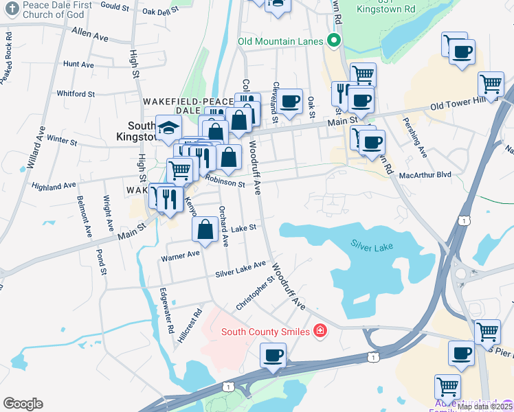 map of restaurants, bars, coffee shops, grocery stores, and more near 383 Woodruff Avenue in South Kingstown