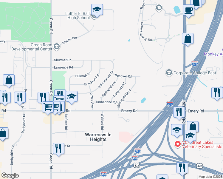 map of restaurants, bars, coffee shops, grocery stores, and more near 4511 Springvale Drive in Warrensville Heights