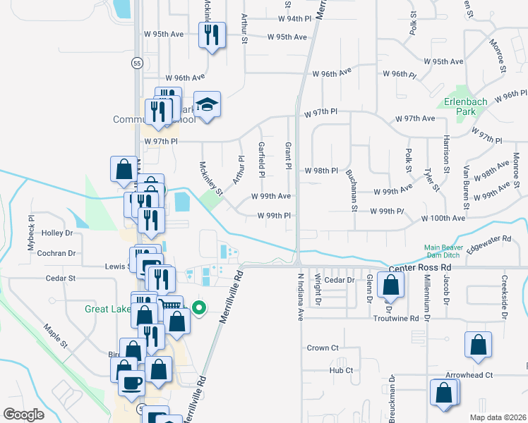 map of restaurants, bars, coffee shops, grocery stores, and more near 1858 West 99th Place in Crown Point
