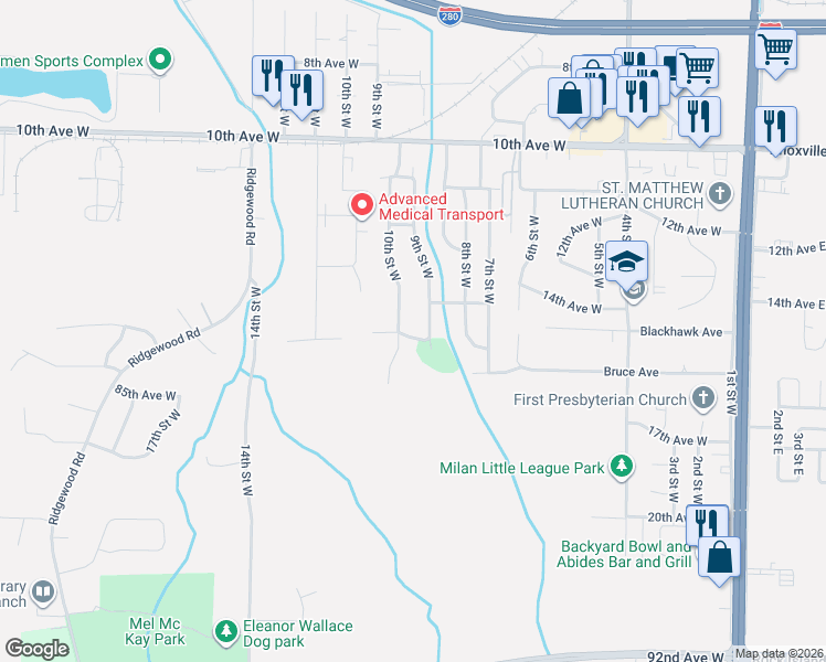 map of restaurants, bars, coffee shops, grocery stores, and more near 909 83rd Avenue West in Rock Island