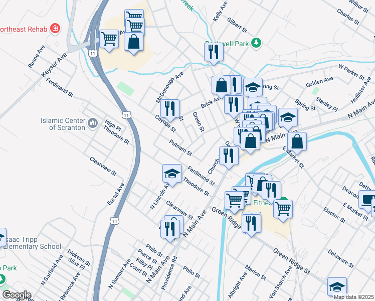 map of restaurants, bars, coffee shops, grocery stores, and more near 1702 Wayne Avenue in Scranton